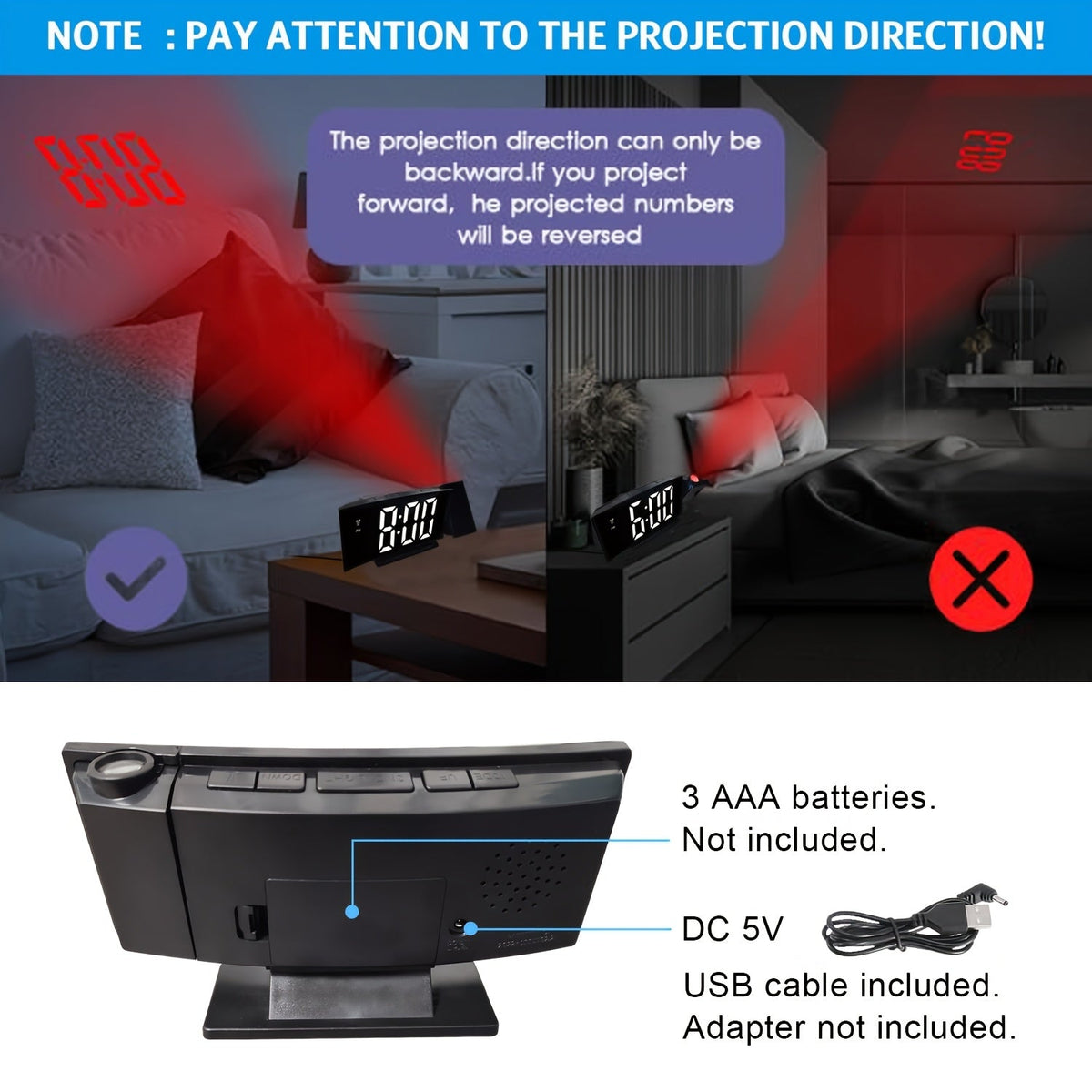 Despertador Digital Proyector – Pantalla LED y Función de Snooze con Brillo Ajustable