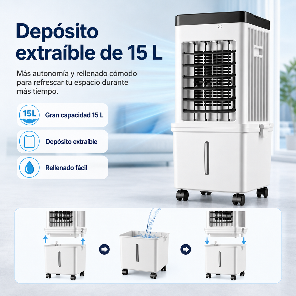 Aire Acondicionado Móvil – tanque de agua de 15L con elementos refrigerantes y 3 velocidades