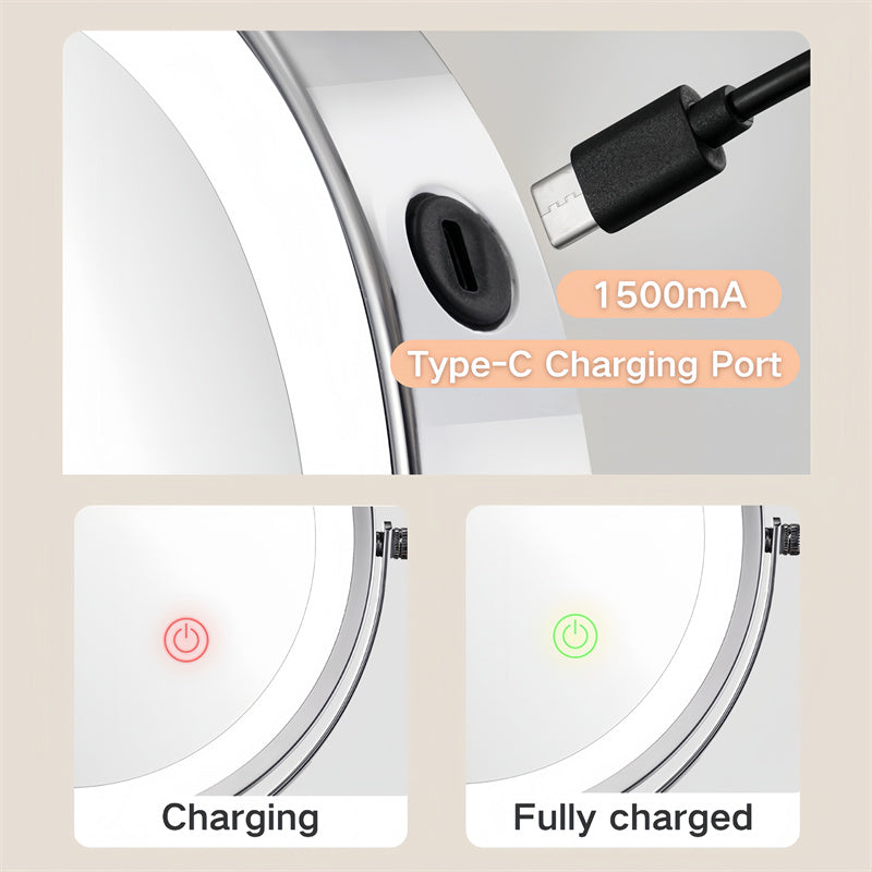 Kalsten | Espejo de afeitar montado en la pared recargable | Rotación de 360°. Ampliación 1X/10X y iluminación LED ajustable para uso en el baño
