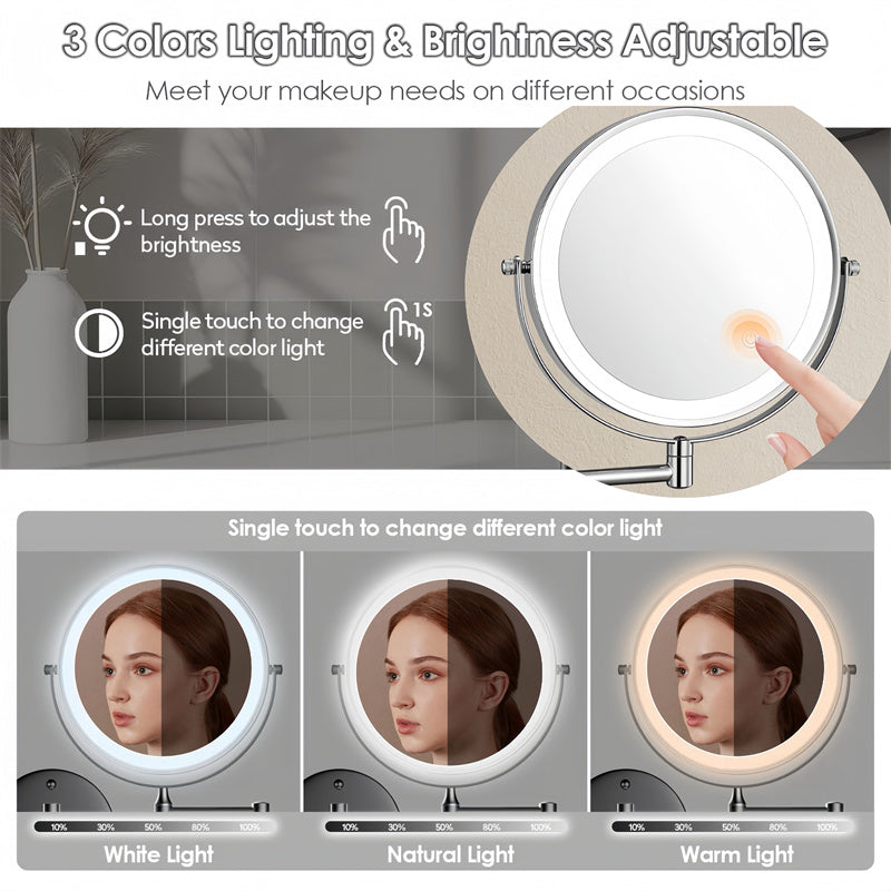 Kalsten | Espejo de afeitar montado en la pared recargable | Rotación de 360°. Ampliación 1X/10X y iluminación LED ajustable para uso en el baño