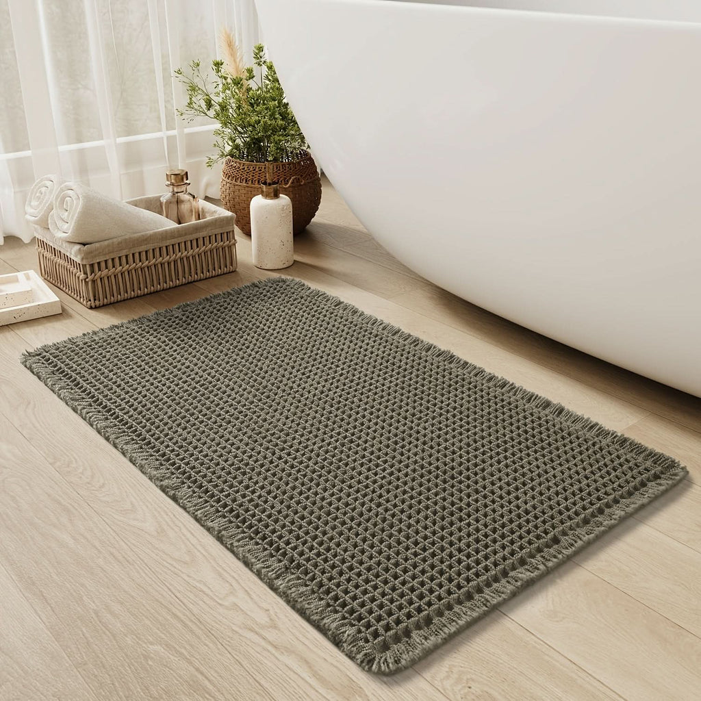 AbsorbEase | Alfombrilla de baño tipo waffle con flecos – Secado rápido y antideslizante
