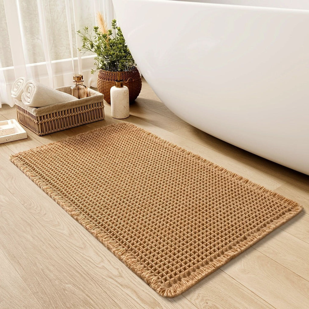 AbsorbEase | Alfombrilla de baño tipo waffle con flecos – Secado rápido y antideslizante