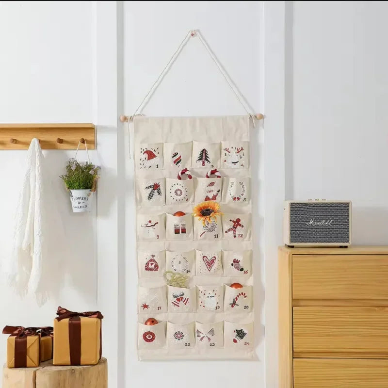 Calendario de adviento con 24 bolsas de lienzo para niños – Decoración navideña colgante en multicolor
