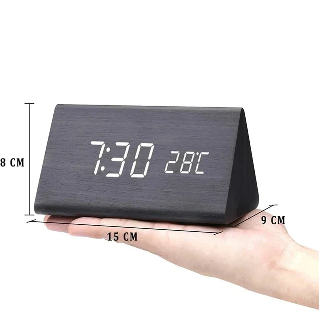 Despertador LED en apariencia de madera con indicador de temperatura y 3 alarmas para dormitorio