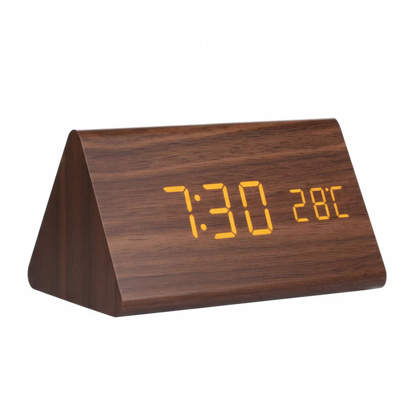 Reloj Despertador Futura Efecto Madera LED Con Tres Alarmas, Indicador de Temperatura, Brillo Ajustable
