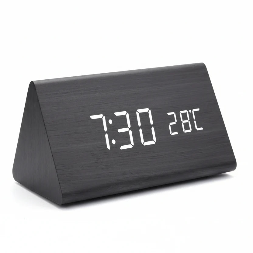 Reloj Despertador Futura Efecto Madera LED Con Tres Alarmas, Indicador de Temperatura, Brillo Ajustable