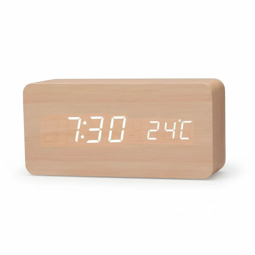 Reloj Despertador Futura Efecto Madera LED Con Tres Alarmas, Indicador de Temperatura, Brillo Ajustable