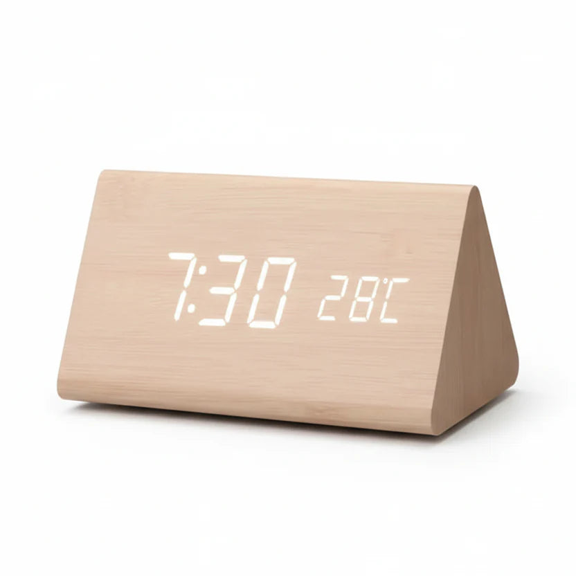 Reloj Despertador Futura Efecto Madera LED Con Tres Alarmas, Indicador de Temperatura, Brillo Ajustable