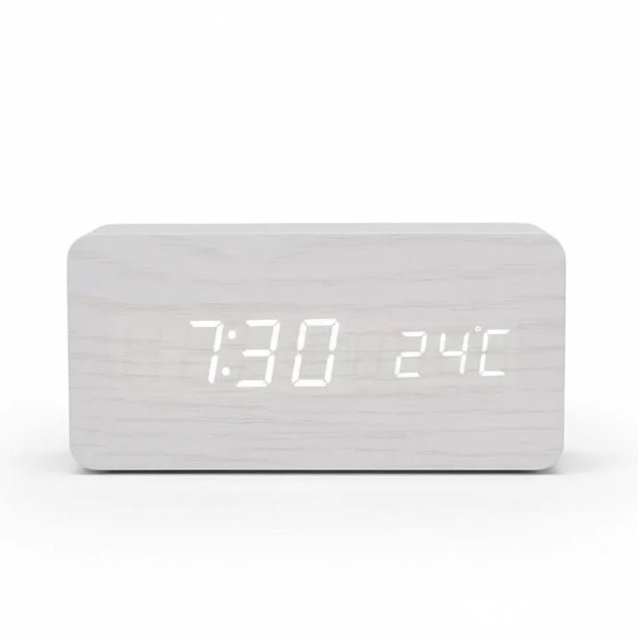 Reloj Despertador Futura Efecto Madera LED Con Tres Alarmas, Indicador de Temperatura, Brillo Ajustable