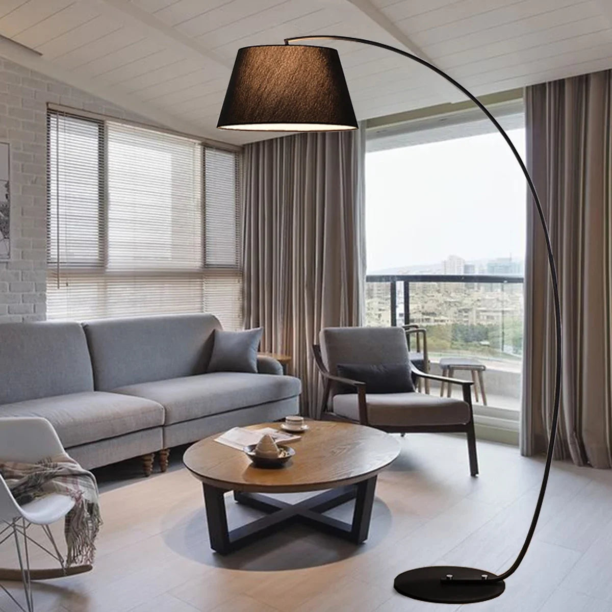 ArcoLuxe | Lámpara de pie de arco elegante y moderna con pantalla de tela para sala de estar
