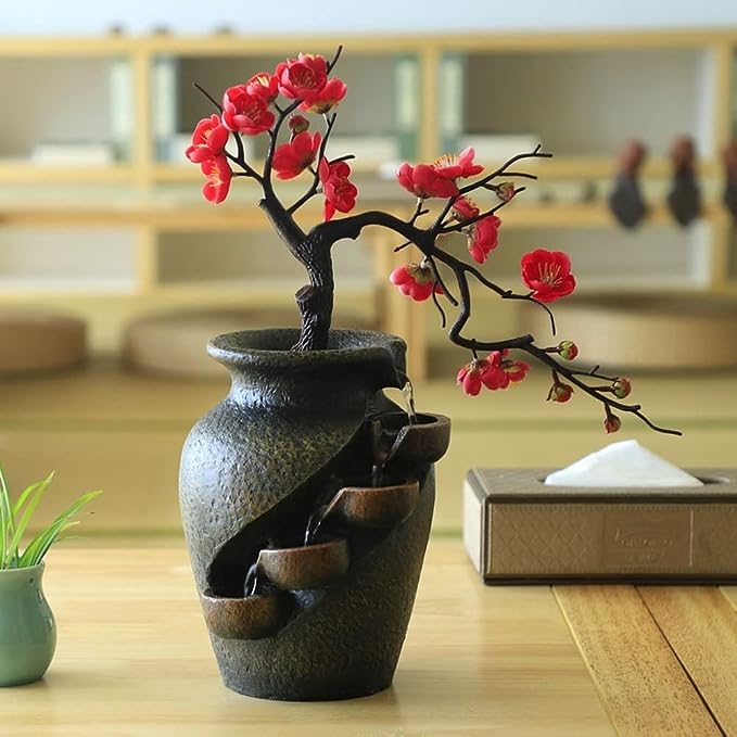 Jarrón de Agua Zen Blossom - Decoración de Bonzai Relajante con Fuente