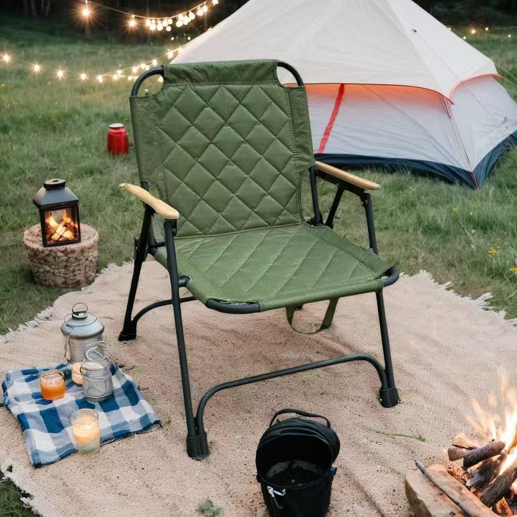 Moderno Silla de Camping Plegable Rectangular de Patrón de Diamante de Acero al Carbono Tela Oxford Madera de Haya Respaldo Apoyabrazos para Jardín | Brehn