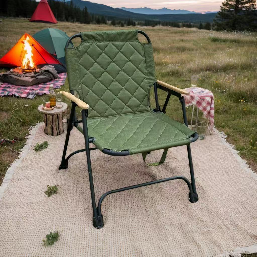 Moderno Silla de Camping Plegable Rectangular de Patrón de Diamante de Acero al Carbono Tela Oxford Madera de Haya Respaldo Apoyabrazos para Jardín | Brehn