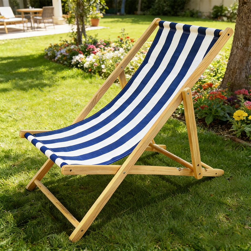 Moderno sillón de playa plegable rectangular de tela Oxford con madera maciza de pino y respaldo para exteriores | Brehn