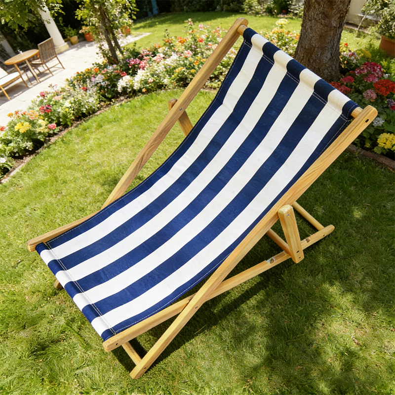 Moderno sillón de playa plegable rectangular de tela Oxford con madera maciza de pino y respaldo para exteriores | Brehn