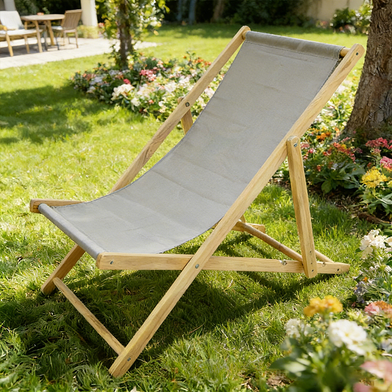 Moderno sillón de playa plegable rectangular de tela Oxford con madera maciza de pino y respaldo para exteriores | Brehn