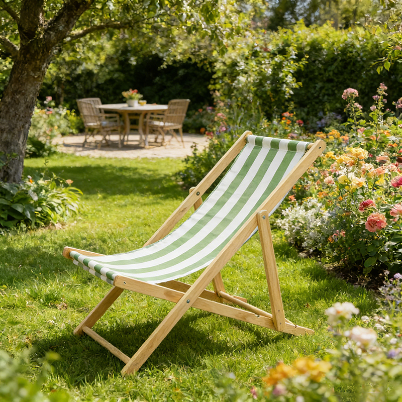 Moderno sillón de playa plegable rectangular de tela Oxford con madera maciza de pino y respaldo para exteriores | Brehn