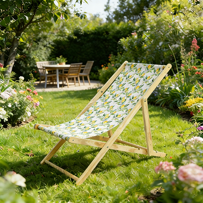 Moderno sillón de playa plegable rectangular de tela Oxford con madera maciza de pino y respaldo para exteriores | Brehn
