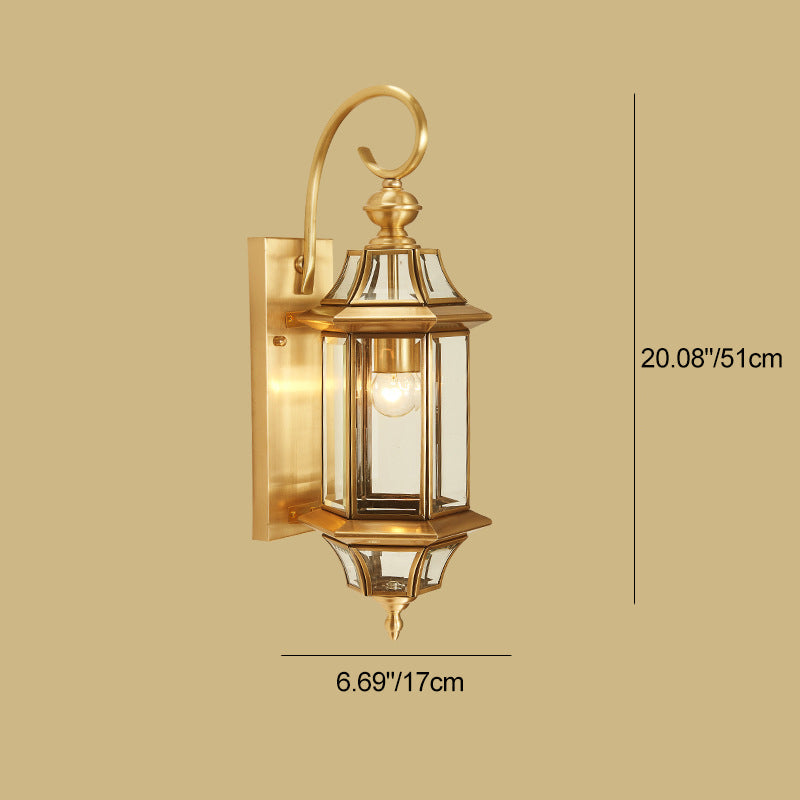Lámparas de pared impermeables de bronce y vidrio poligonal de 1 luz de estilo europeo tradicional para dormitorio, terraza y jardín | Brehn