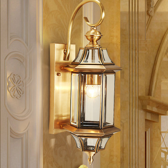 Lámparas de pared impermeables de bronce y vidrio poligonal de 1 luz de estilo europeo tradicional para dormitorio, terraza y jardín | Brehn