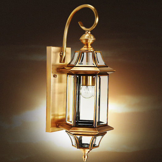 Lámparas de pared impermeables de bronce y vidrio poligonal de 1 luz de estilo europeo tradicional para dormitorio, terraza y jardín | Brehn