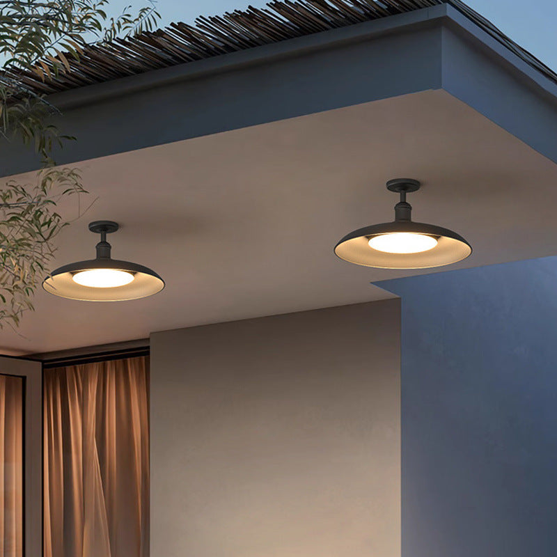Lámpara de techo semi-empotrada de hierro vintage tradicional impermeable con base de disco de cilindro de 1 luz para patio exterior | Brehn