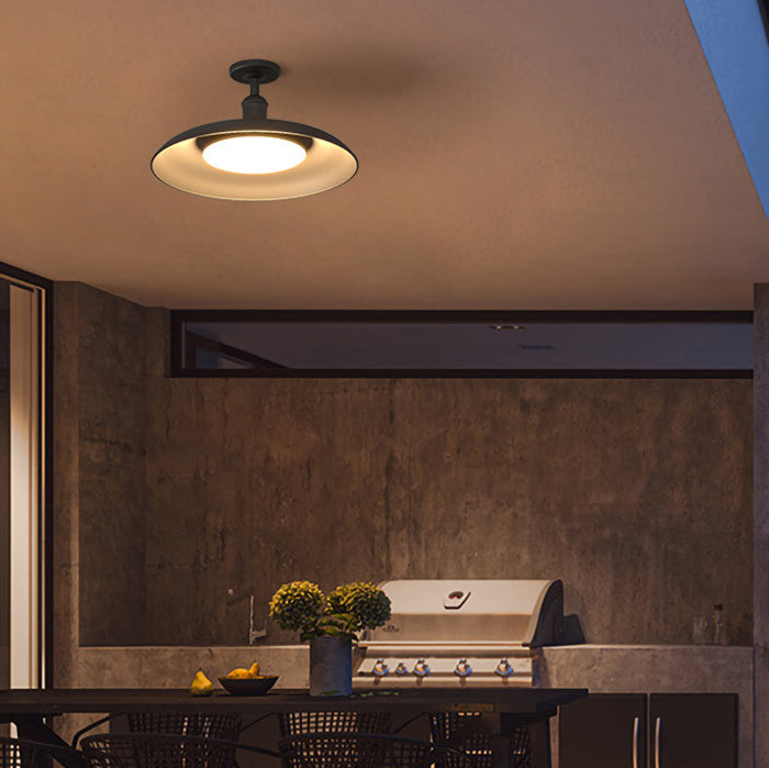 Lámpara de techo semi-empotrada de hierro vintage tradicional impermeable con base de disco de cilindro de 1 luz para patio exterior | Brehn
