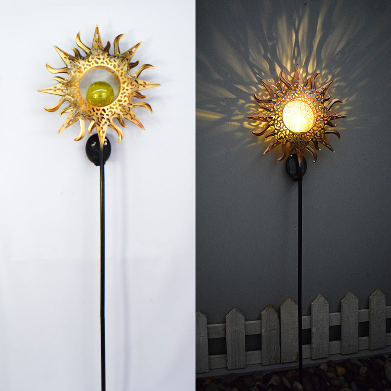 Moderno Art Deco Solar a prueba de agua estaca de tierra estrella sol luna hierro vidrio LED lámpara exterior para jardín | Brehn