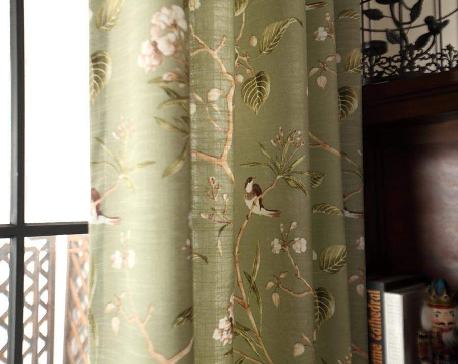 Cortinas Blackout Verdes con Patrón Floral de Pájaros