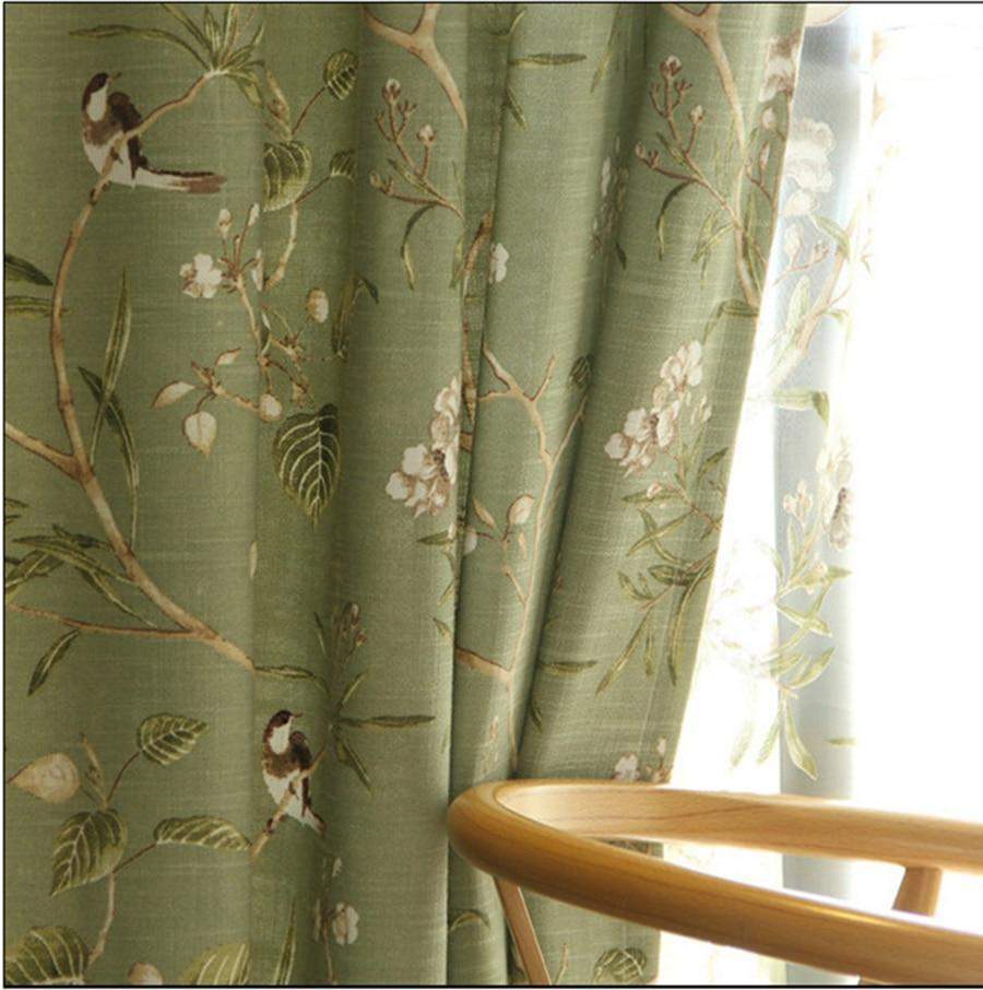 Cortinas Blackout Verdes con Patrón Floral de Pájaros