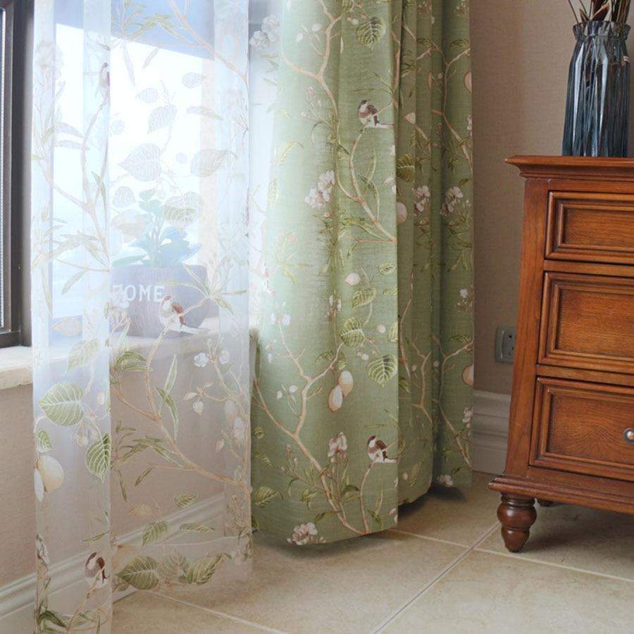 Cortinas Blackout Verdes con Patrón Floral de Pájaros