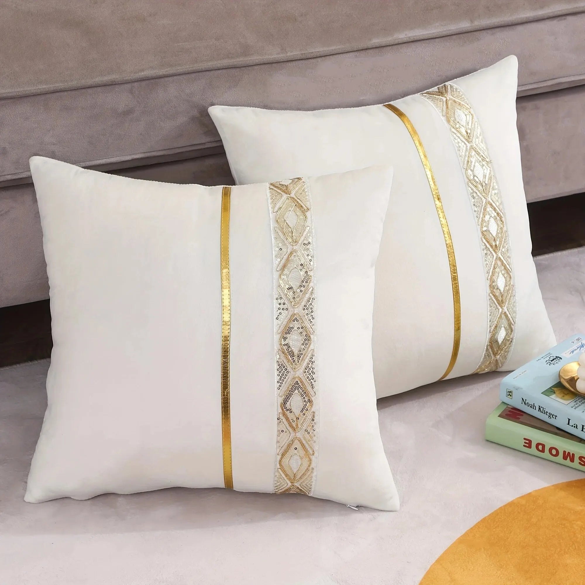 Funda Decorativa Brillante 45x45 cm con Lentejuelas y Rayas Doradas - Estilo Lujo para Interiores