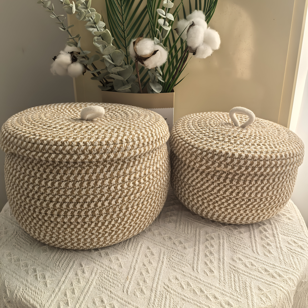 Cesta de Almacenamiento de Yute y Algodón con Tapa Redonda
