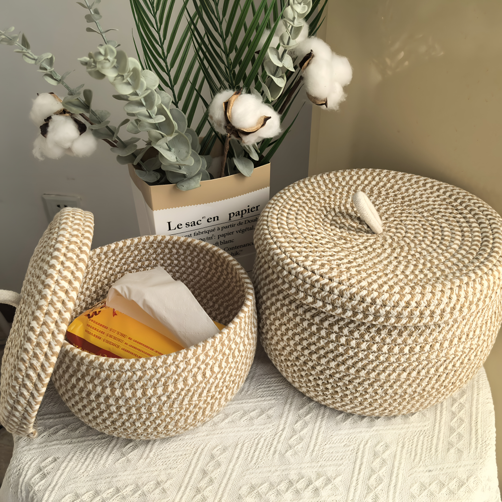 Cesta de Almacenamiento de Yute y Algodón con Tapa Redonda