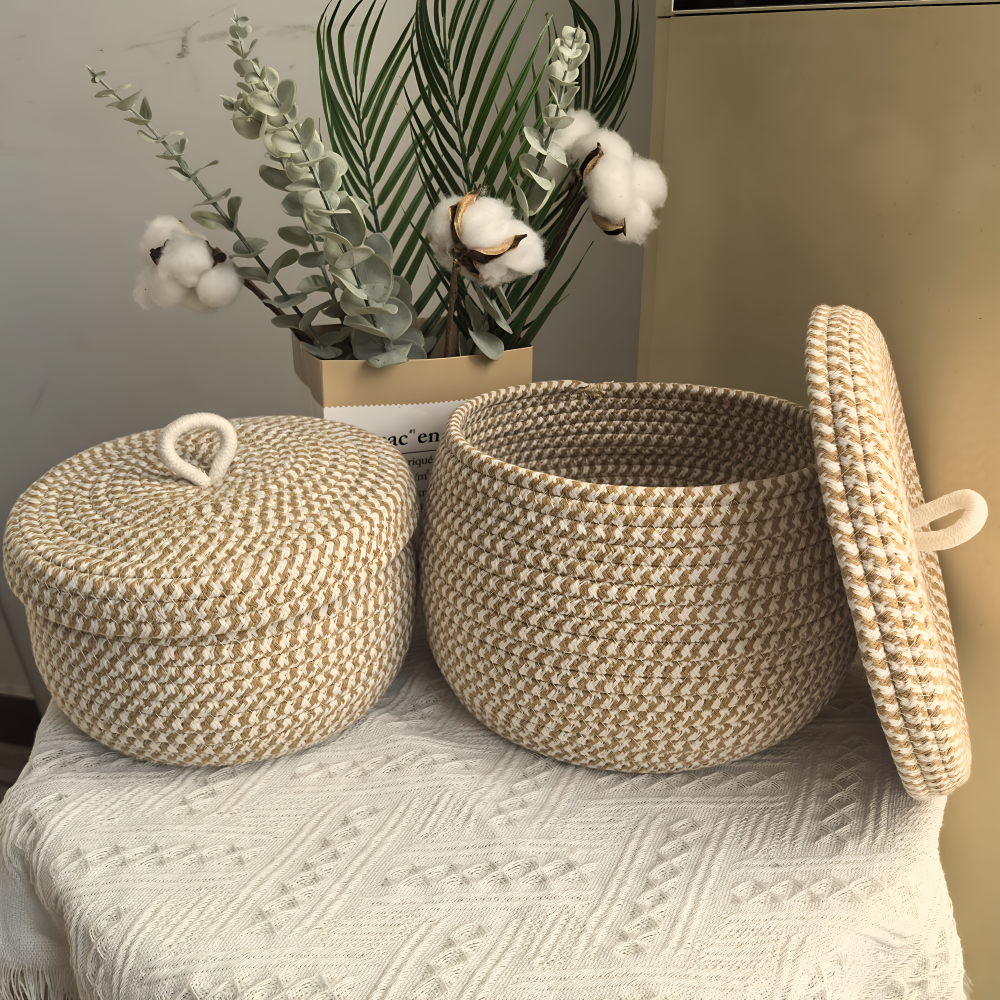 Cesta de Almacenamiento de Yute y Algodón con Tapa Redonda