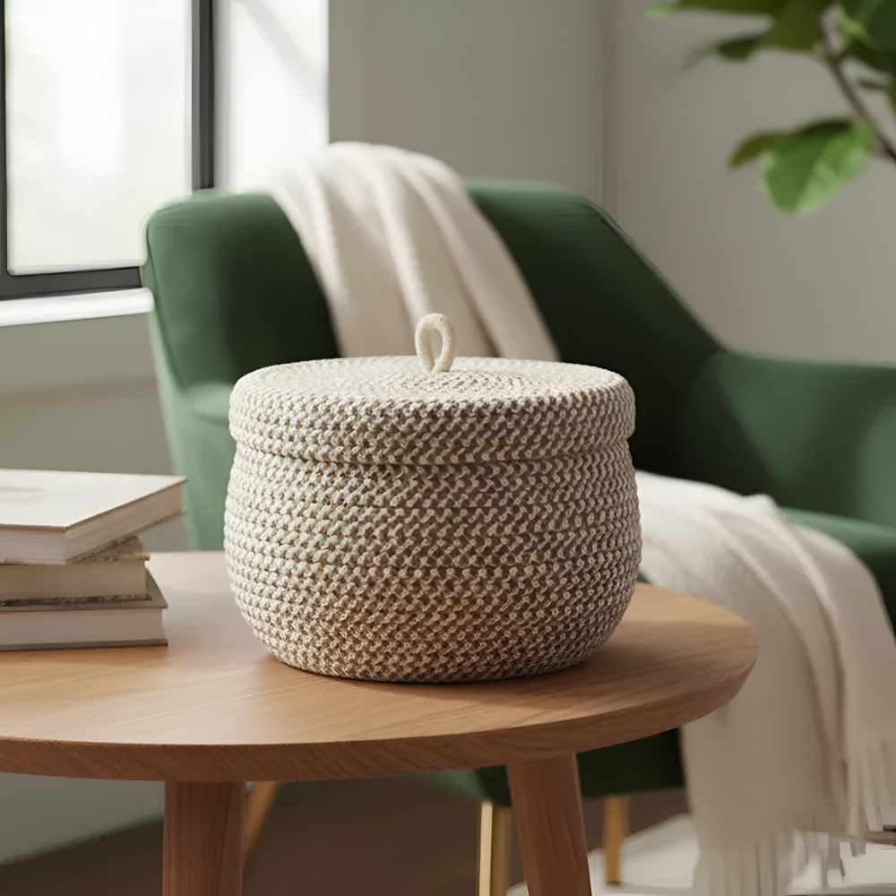 Cesta de Almacenamiento de Yute y Algodón con Tapa Redonda