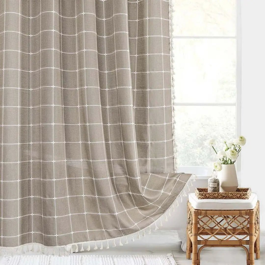 LINENCOVE – Cortina de ducha bohemia de lino con borlas y diseño impermeable