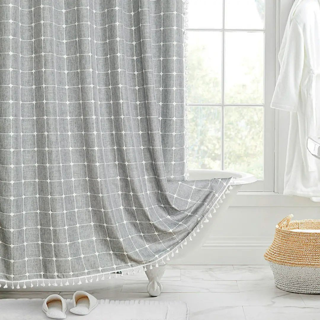 LINENCOVE – Cortina de ducha bohemia de lino con borlas y diseño impermeable