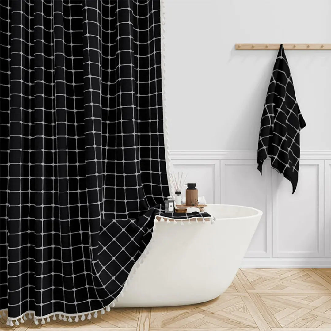 LINENCOVE – Cortina de ducha bohemia de lino con borlas y diseño impermeable