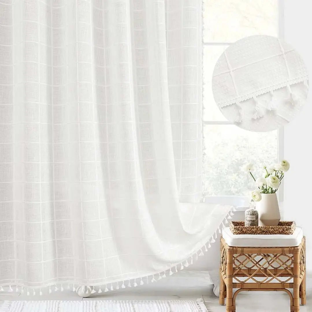 LINENCOVE – Cortina de ducha bohemia de lino con borlas y diseño impermeable