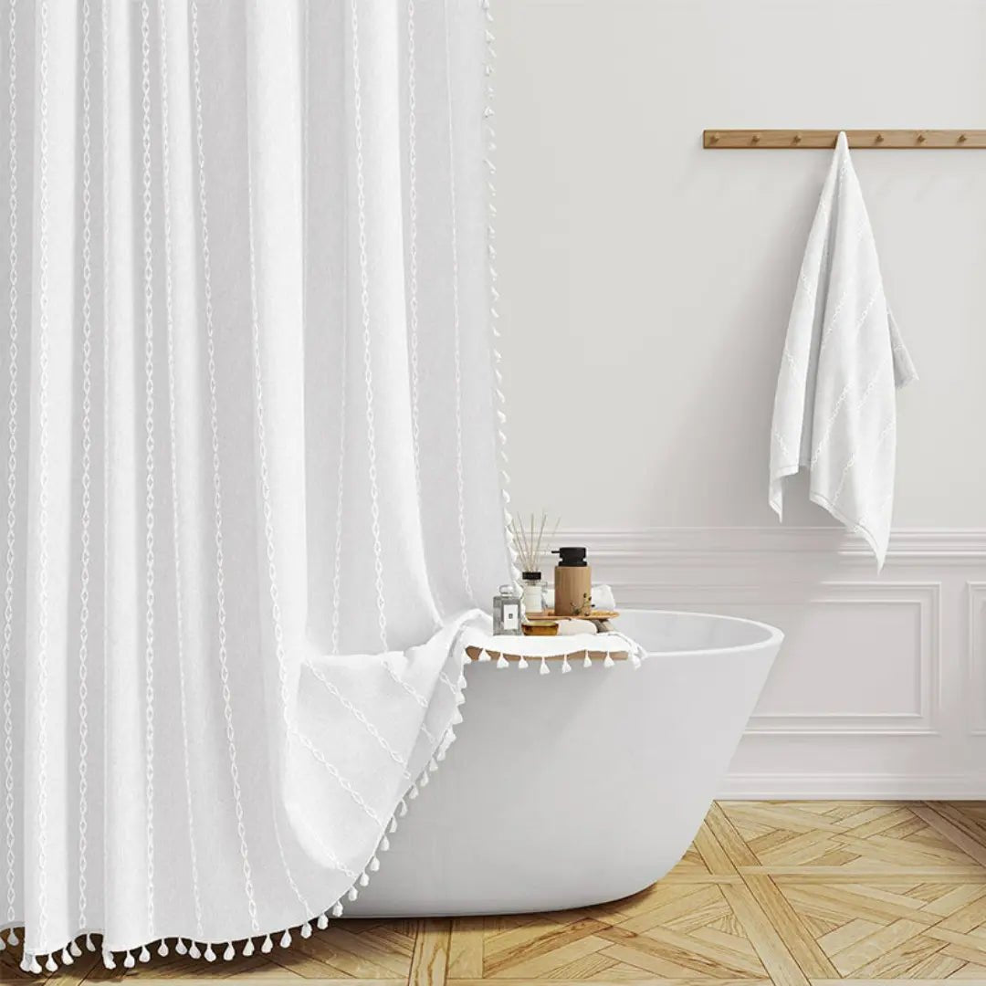 LINENCOVE – Cortina de ducha bohemia de lino con borlas y diseño impermeable