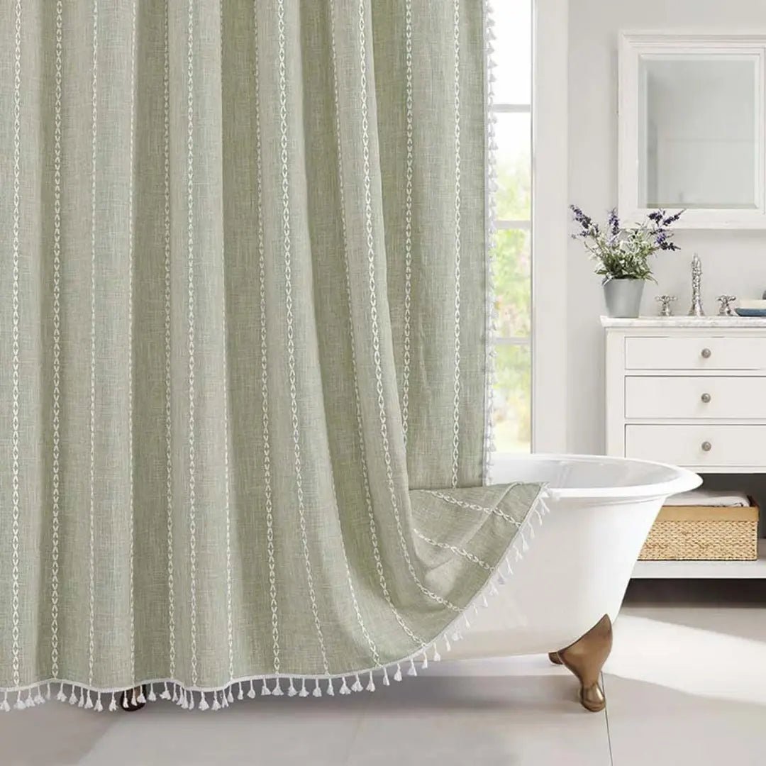 LINENCOVE – Cortina de ducha bohemia de lino con borlas y diseño impermeable