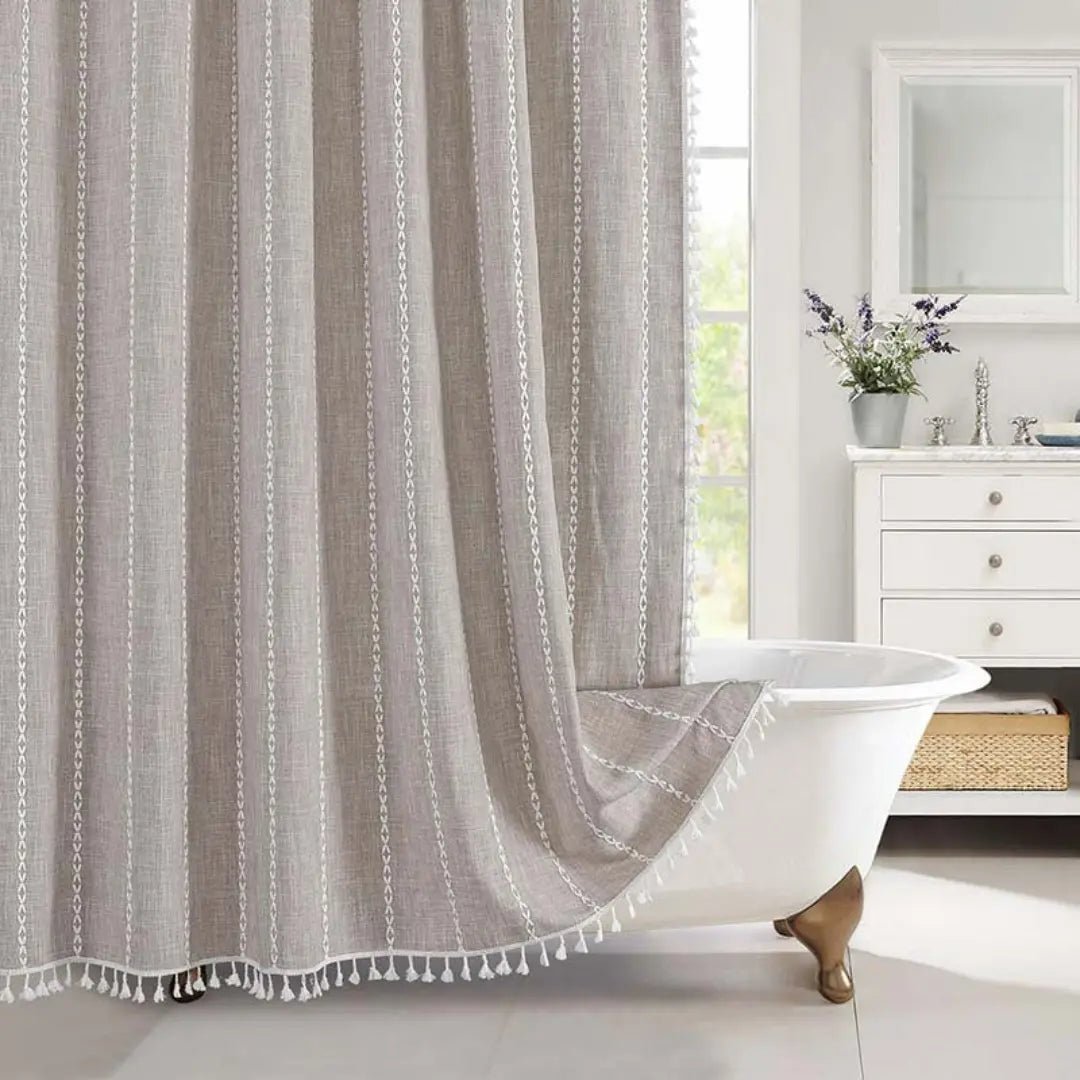 LINENCOVE – Cortina de ducha bohemia de lino con borlas y diseño impermeable