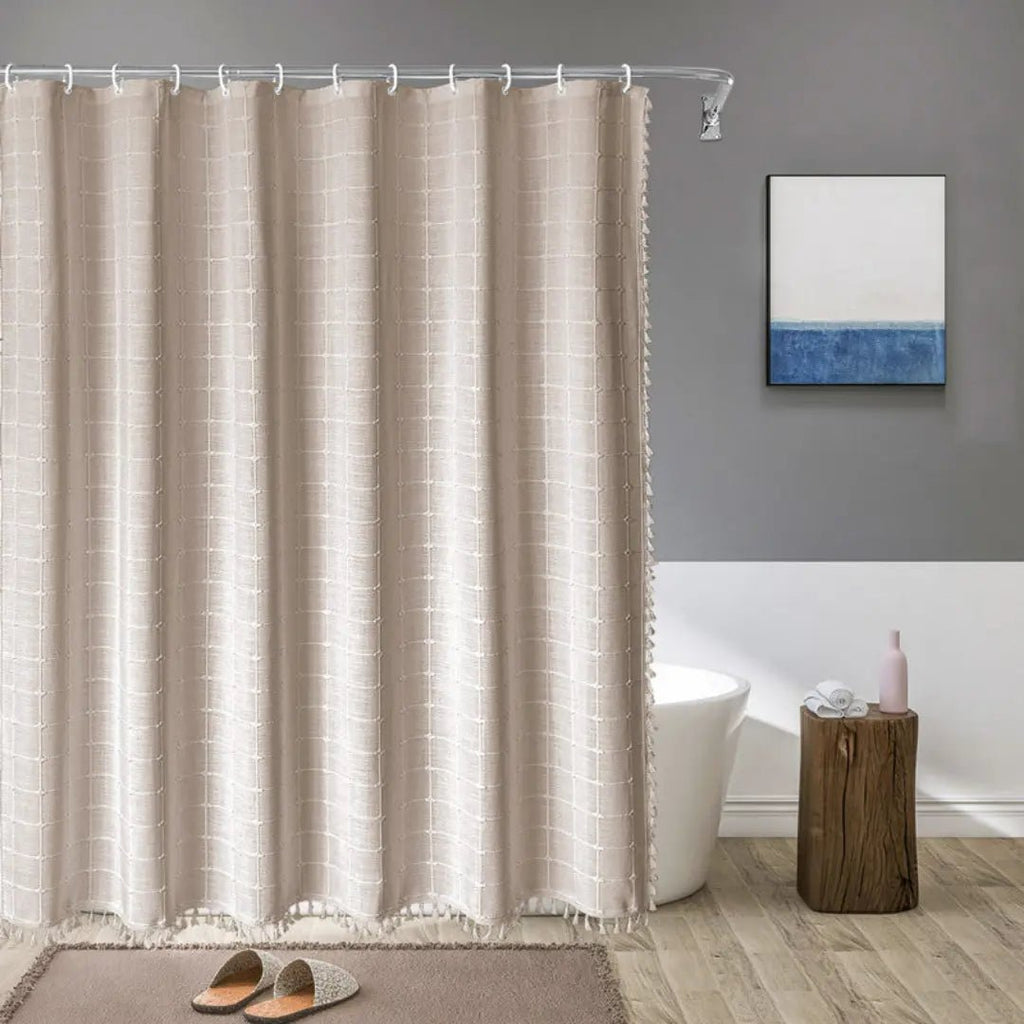 LINENCOVE – Cortina de ducha bohemia de lino con borlas y diseño impermeable