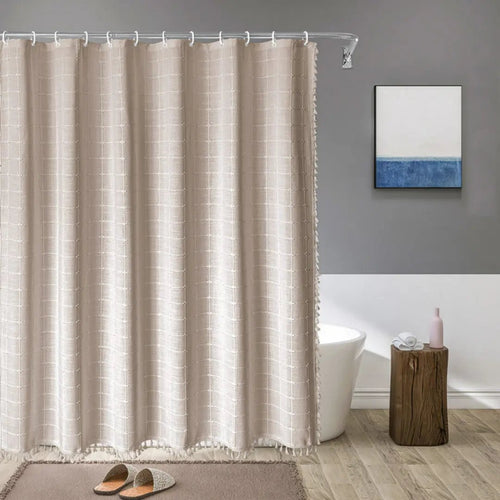 LINENCOVE – Cortina de ducha bohemia de lino con borlas y diseño impermeable