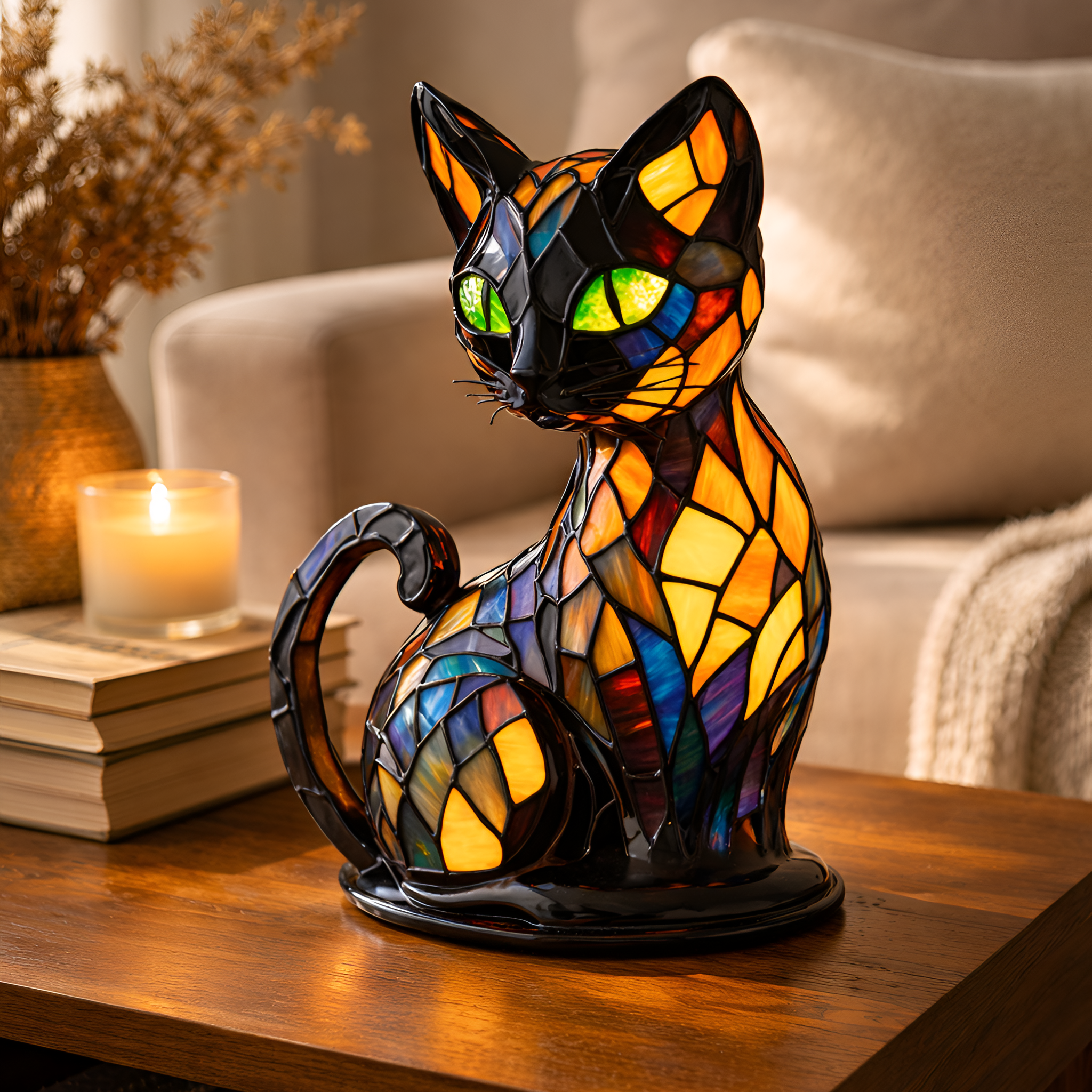 Miguel - Lámpara de vitral con forma de gato