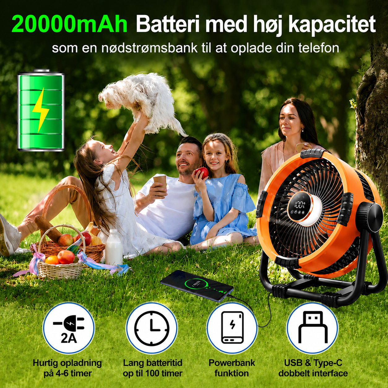 Ventilador de camping con powerbank de 20.000 mAh