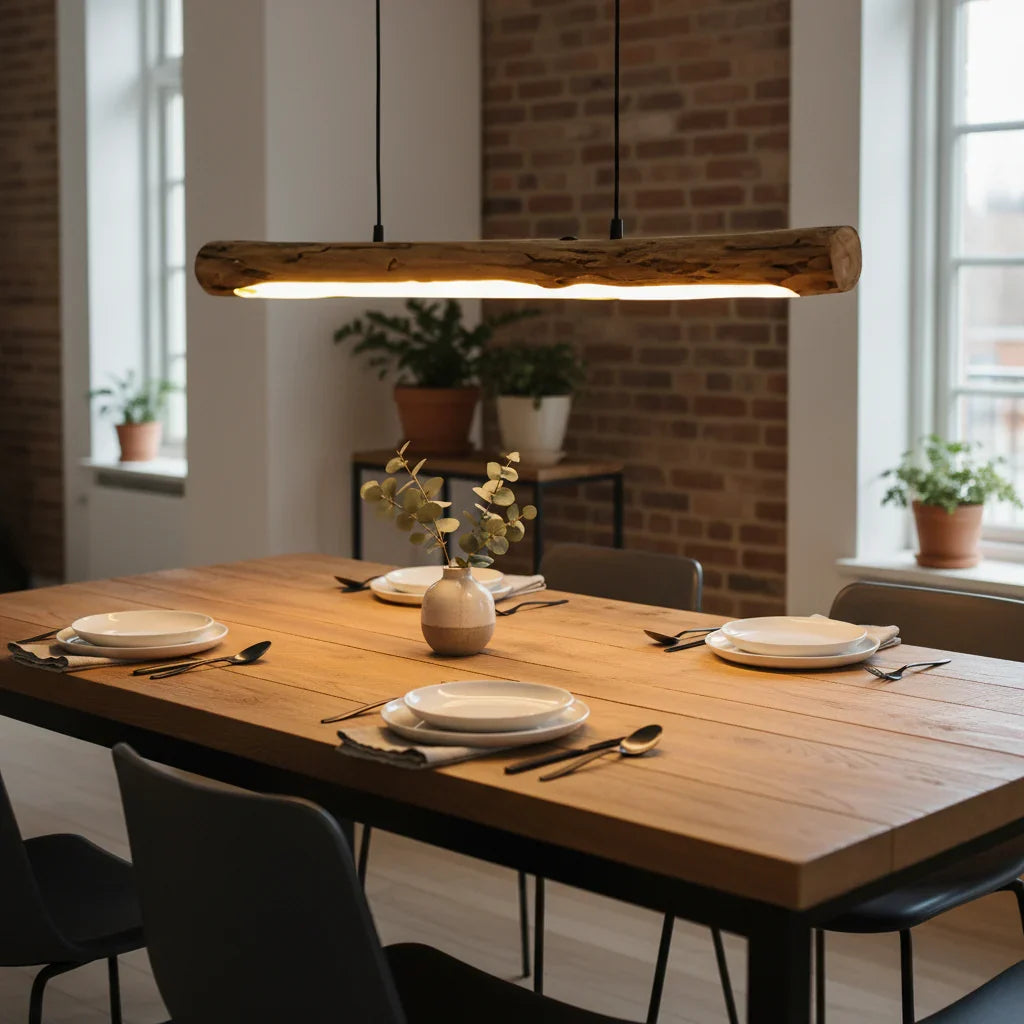 Lámpara Colgante de Madera con Iluminación LED Regulable para Mesa de Comedor con Diseño Natural Cálido