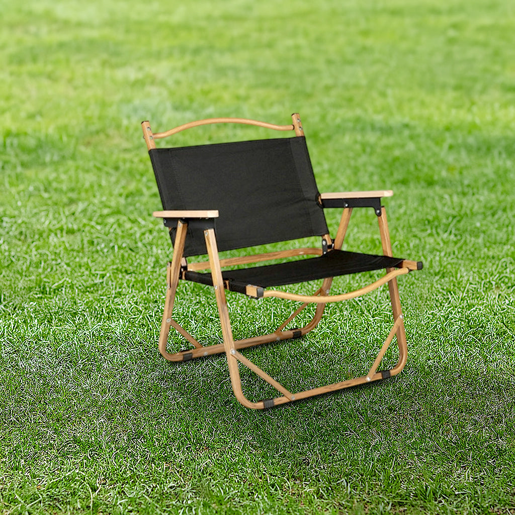 Silla de Camping Exterior Rectangular Minimalista Moderna de Acero al Carbono, Material de Aluminio, Madera de Haya, Tela Oxford, PET, Plegable, Portátil, Desmontable con Respaldo y Descansabrazos para el Jardín | Brehn