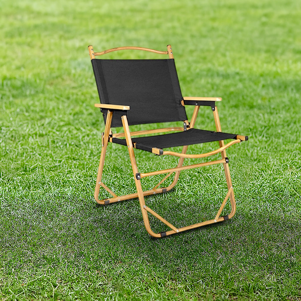 Silla de Camping Exterior Rectangular Minimalista Moderna de Acero al Carbono, Material de Aluminio, Madera de Haya, Tela Oxford, PET, Plegable, Portátil, Desmontable con Respaldo y Descansabrazos para el Jardín | Brehn